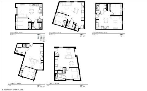 Floor plan for 1 bed, 1 bath, 614 sqft